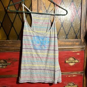 ✨2 for $15✨Gray high back multi color striped tank top with blue graphic